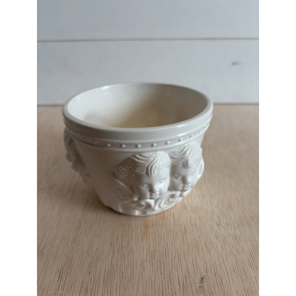 Vintage Bloom Rite 3D Cherub Faces White Ceramic Glazed Planter Vase